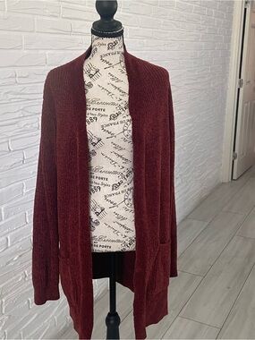 Matty M Open-Front Burgundy Knit Cardigan